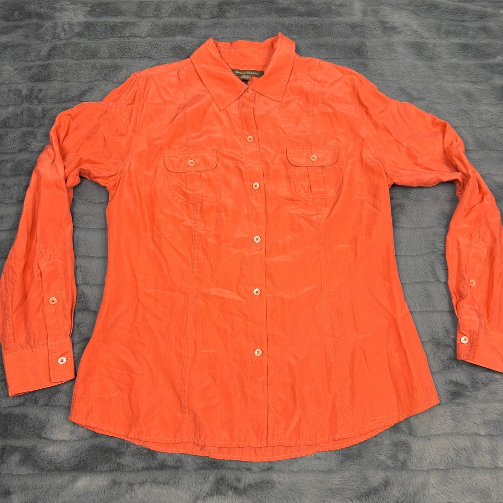 Tommy Bahama Womens Coral Orange 100% Silk Button Down Shirt Long Sleeve Size M